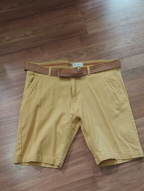 Stitches Men's Yellow Flat-Front Shorts with Woven Belt